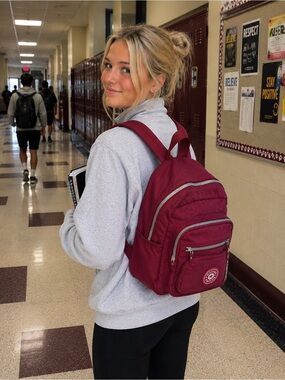 Soyater Burgundy Red Nylon Backpack Multi Pocket Silver Zippers